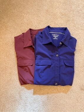 Set of two Exofficio Women's button down shirts, Burgundy and royal purple, xs